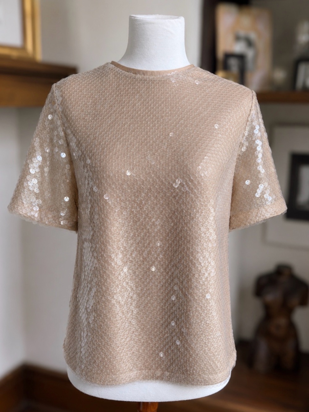 LOFT Warm Nude Sequin Top XS Iridescent Party Romantic